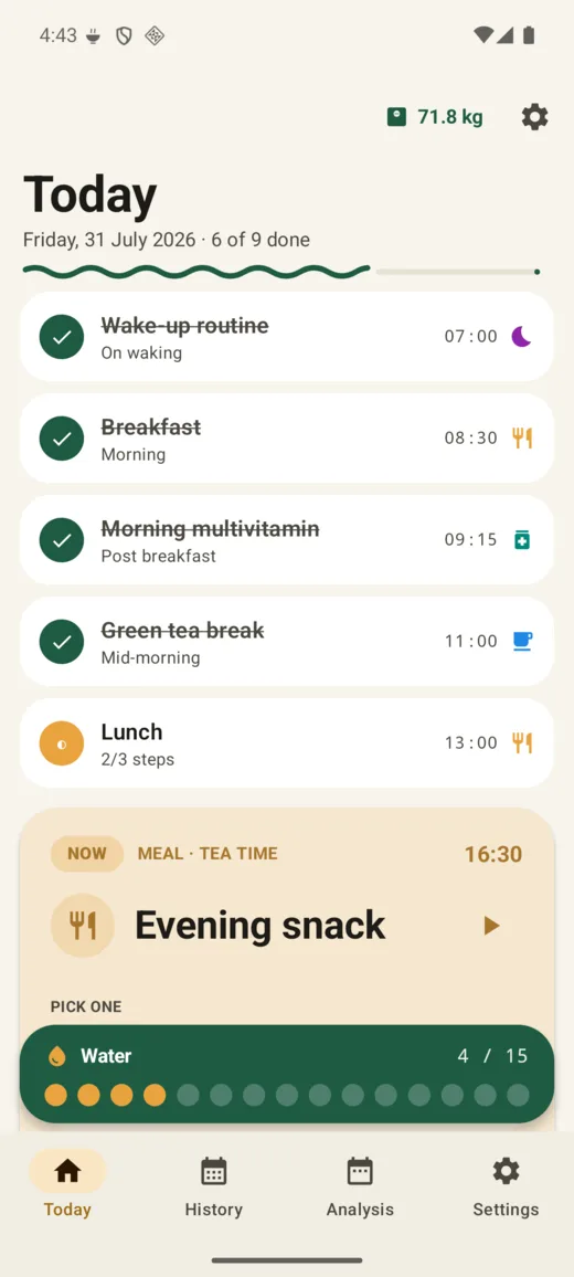Android Today screen with the current meal highlighted